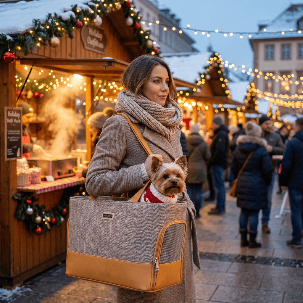Fashionable Wool Pet Travel Carrier Bag being used by a woman with a small dog at a holiday market.