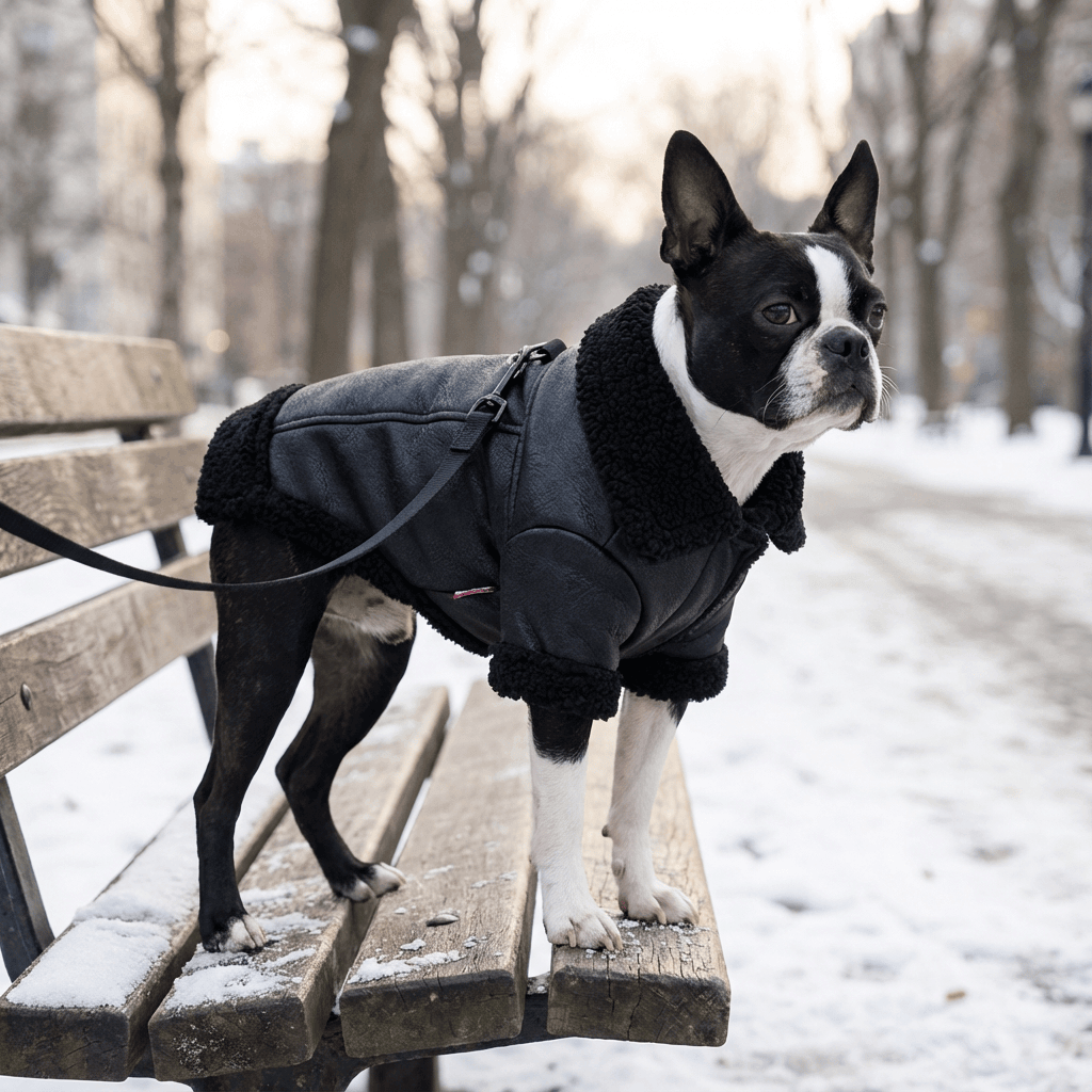 Faux Leather Dog Jacket on a dog, featuring a cozy fleece lining for warmth, ideal for small to medium-sized dogs.