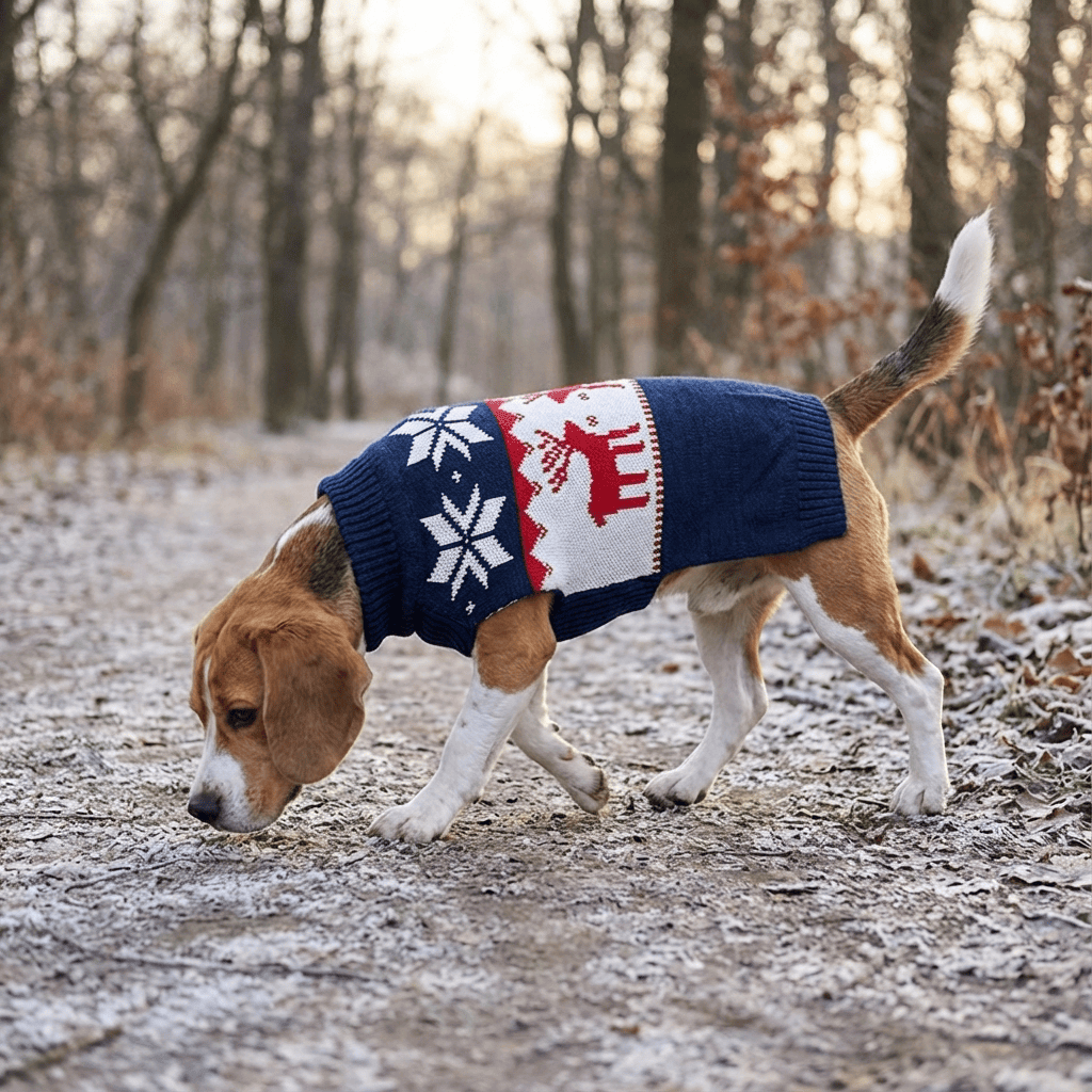 Festive Christmas Dog Sweater on a Beagle enjoying a winter walk in the woods with classic patterns and warmth.