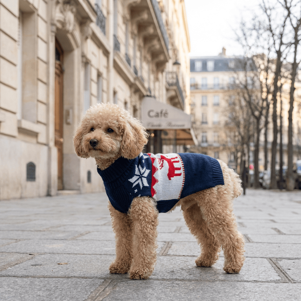 Dog wearing a Festive Christmas Dog Sweater outdoors, showcasing classic holiday patterns and cozy design.