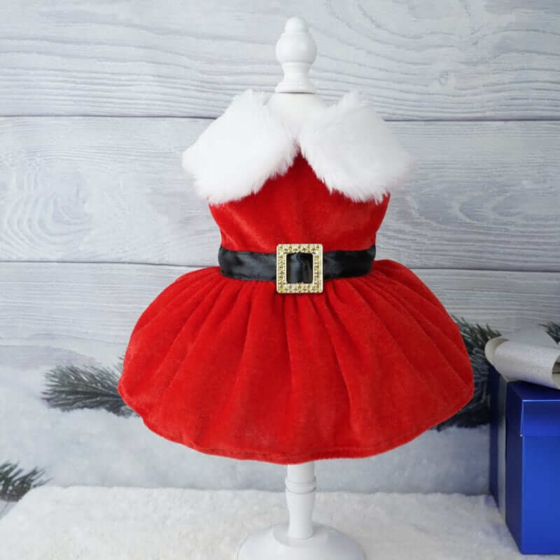 Festive Christmas Princess Dog Dress, red dress with white collar and black belt, perfect for small dogs by Dogs & Cats