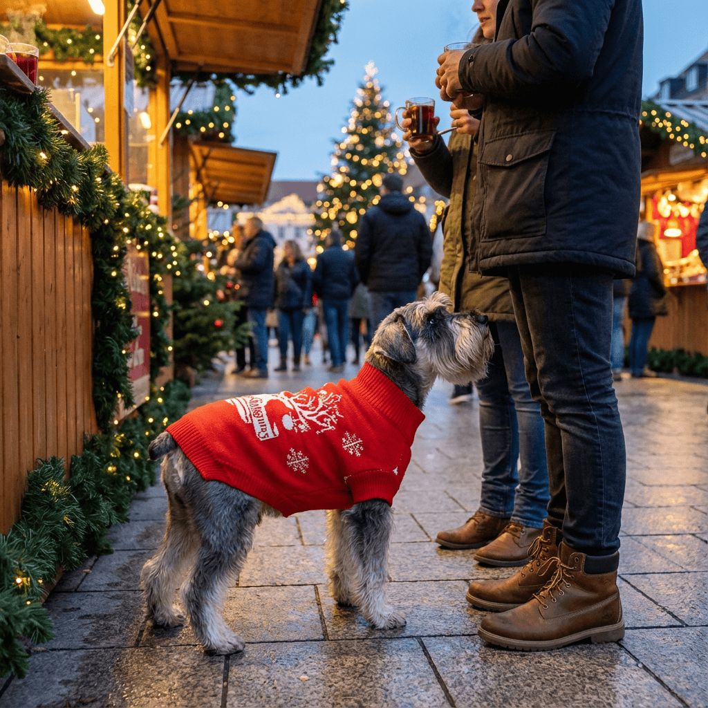 Festive Comfort Pet Sweater on a dog at a holiday market, featuring winter decorations and holiday lights.