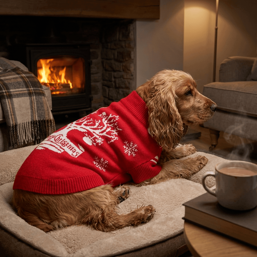Festive Comfort Pet Sweater on a dog, cozy winter scene, featuring soft fabric and holiday design, perfect for Dogs & Cats.