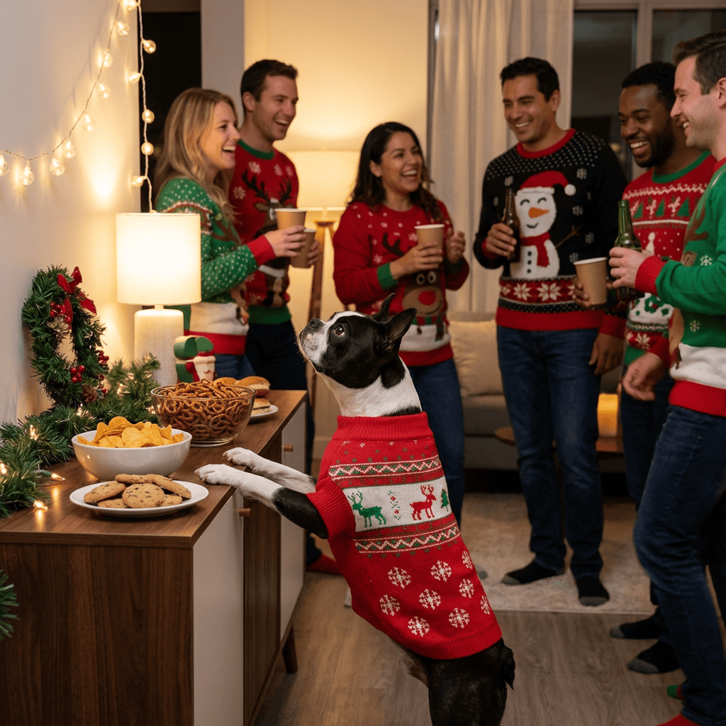 Dog wearing a Festive Comfort Pet Sweater, surrounded by friends celebrating the holidays with snacks and drinks.