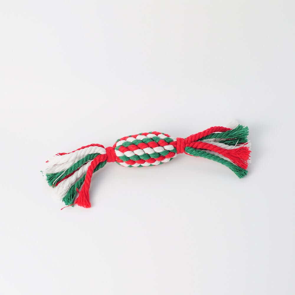 Festive Dog Tooth Cleaning Toys in red, green, and white cotton rope designed to promote dental health for dogs.
