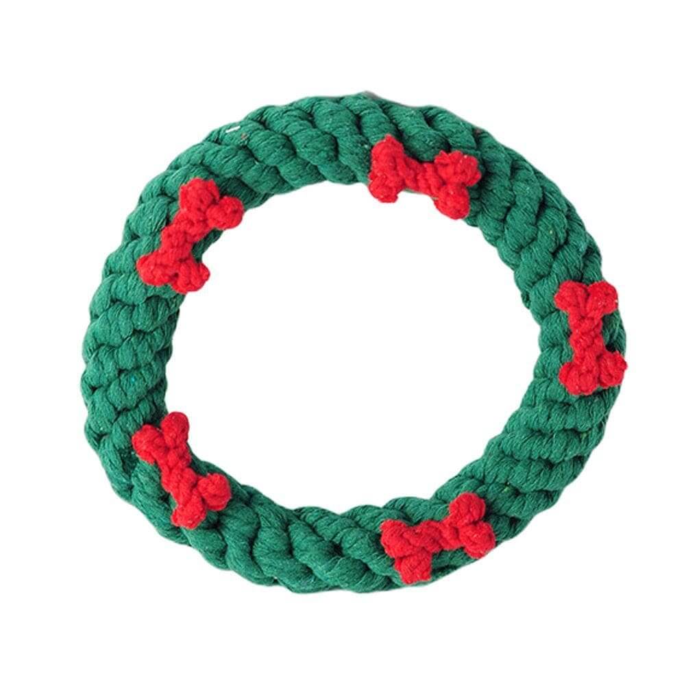 Festive Dog Tooth Cleaning Toys in a festive wreath shape, made from durable cotton thread for dogs & cats dental health.