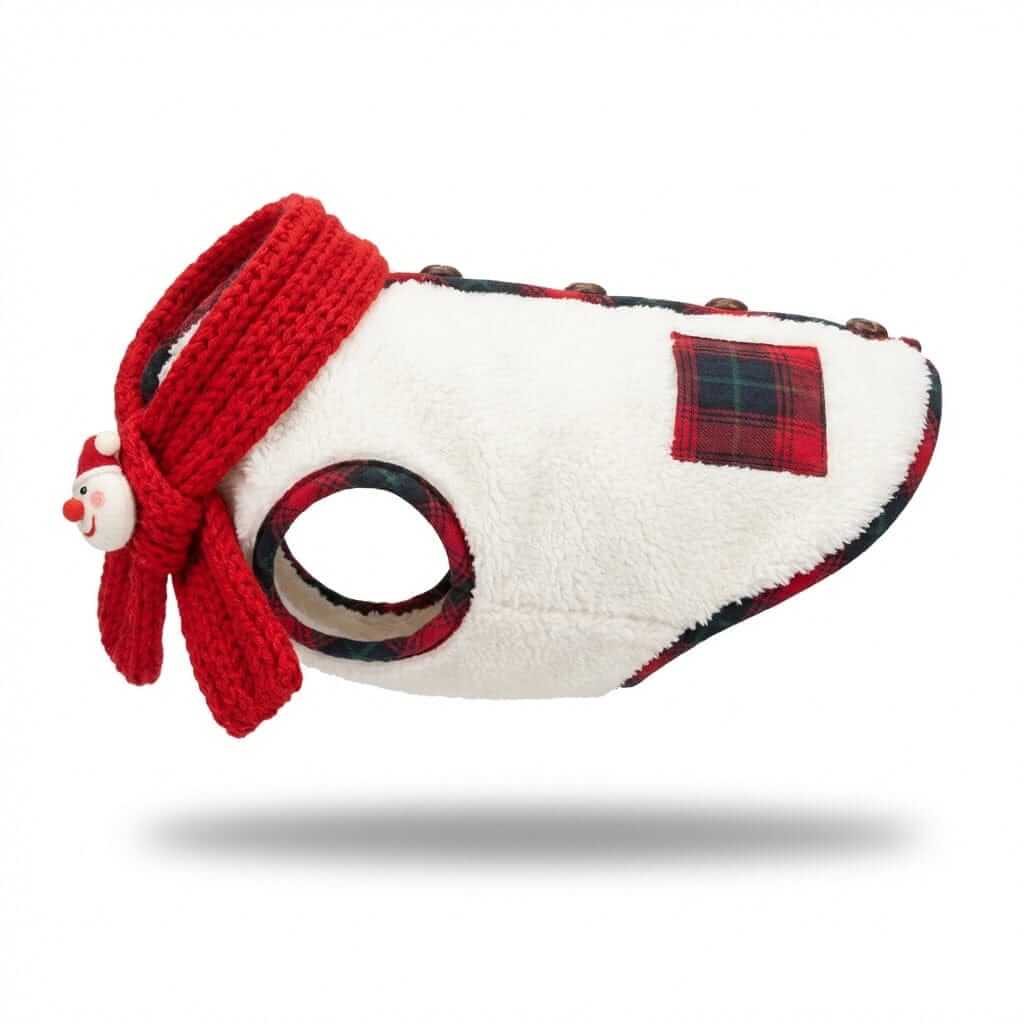 Festive Fleece Holiday Dog Vest, cozy fleece dog vest with plaid design for dogs and cats, seasonal warmth and comfort.
