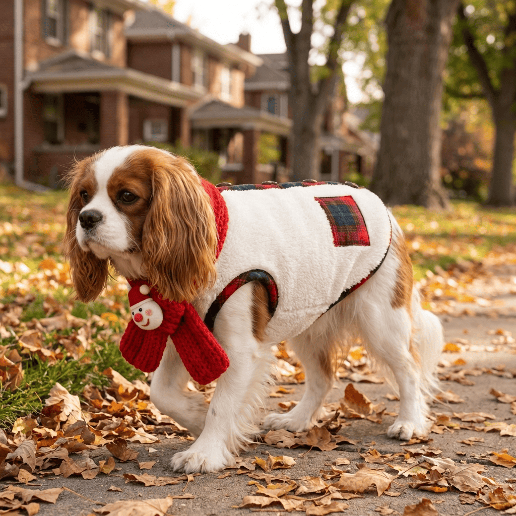 Festive Fleece Holiday Dog Vest on a dog, featuring soft coral fleece and cute seasonal design for Dogs & Cats.