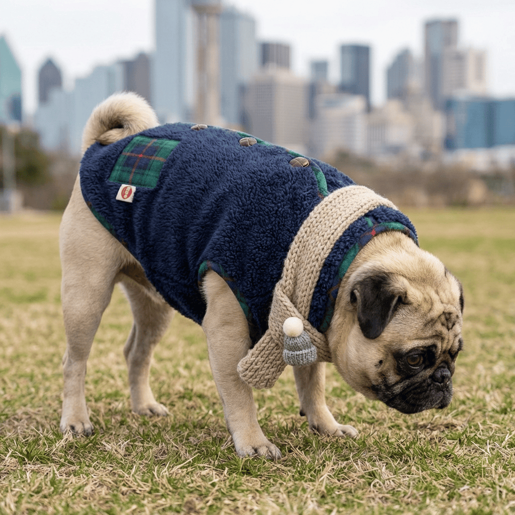 Festive Fleece Holiday Dog Vest on a pug, showcasing cozy design and seasonal style by Dogs & Cats brand.