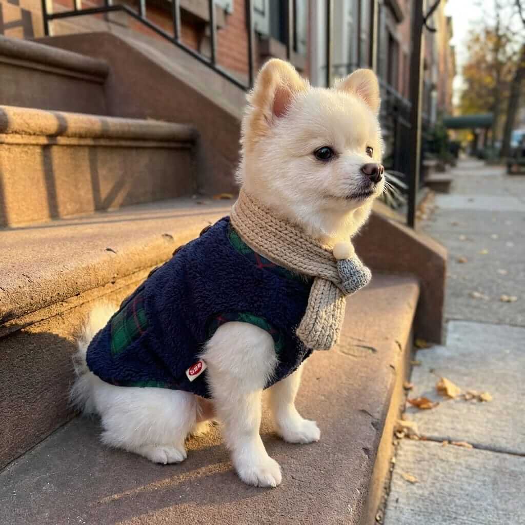 Festive Fleece Holiday Dog Vest on a dog, cozy fleece jacket with scarf, keeping pets warm, Dogs & Cats brand.