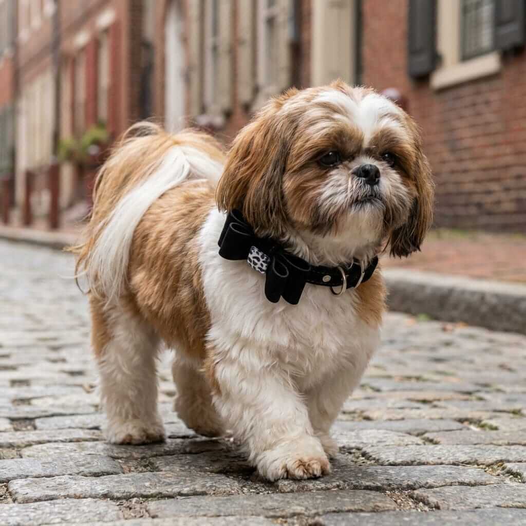 Dog collar made of flannelette with bow tie on a Shih Tzu walking on a cobblestone street.