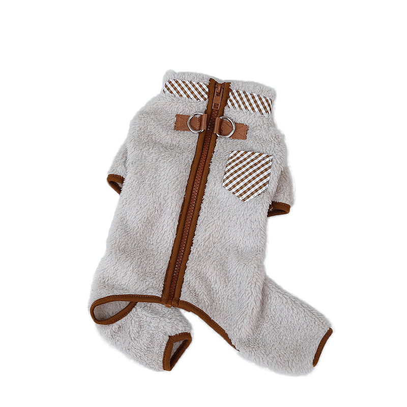 Fleece Dog Jumpsuit, cozy fleece onesie with leash D-ring, suitable for small to medium dogs, by Dogs & Cats.