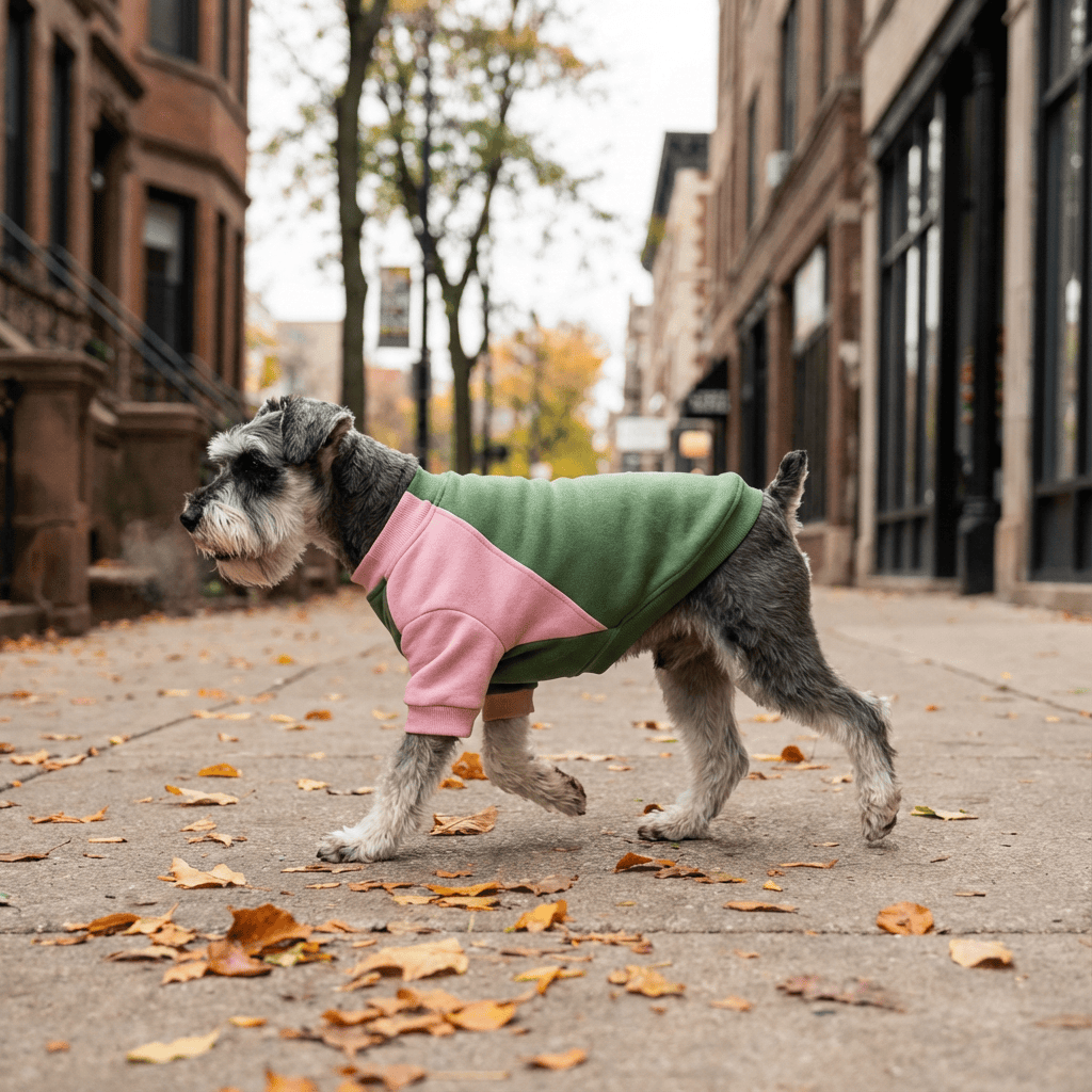 Fleece Soft Contrast Color Sweater on a dog, featuring ribbed sleeves for comfort and warmth, ideal for chilly days.
