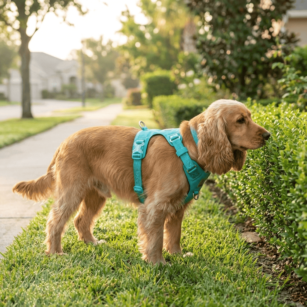 FlexiFit Nylon Dog Harness on a golden dog, showcasing comfort and style for active dogs.