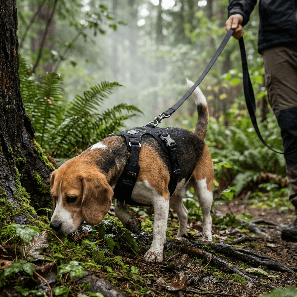 Dog wearing FlexiFit Nylon Dog Harness while exploring in the forest, showcasing comfort and control in outdoor adventures.