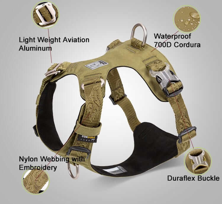FlexiFit Nylon Dog Harness showcasing lightweight aviation aluminum, waterproof Cordura, and durable webbing features.