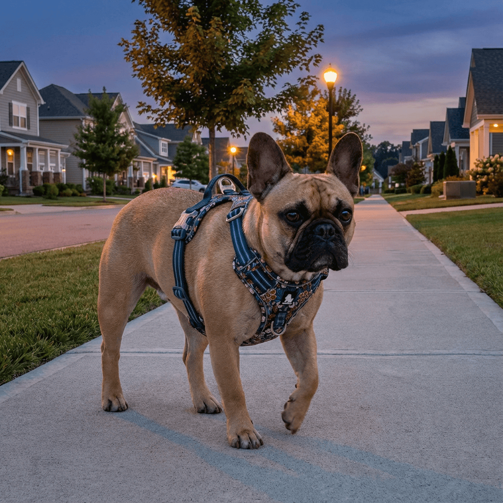 FloraComfort Dog Harness on a French Bulldog, providing comfort and control for dogs of all sizes by Dogs & Cats.