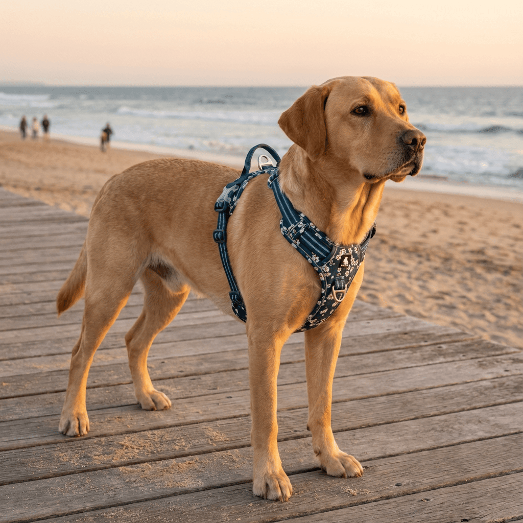 FloraComfort Dog Harness on a Labrador at the beach, combining style and comfort for all dog sizes.
