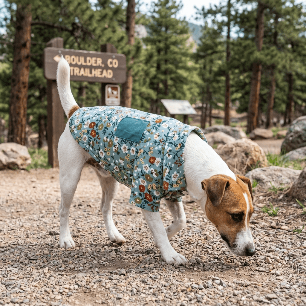 Floral Ways Dog Shirt worn by a dog outdoors, featuring a colorful floral design and breathable material for comfort.