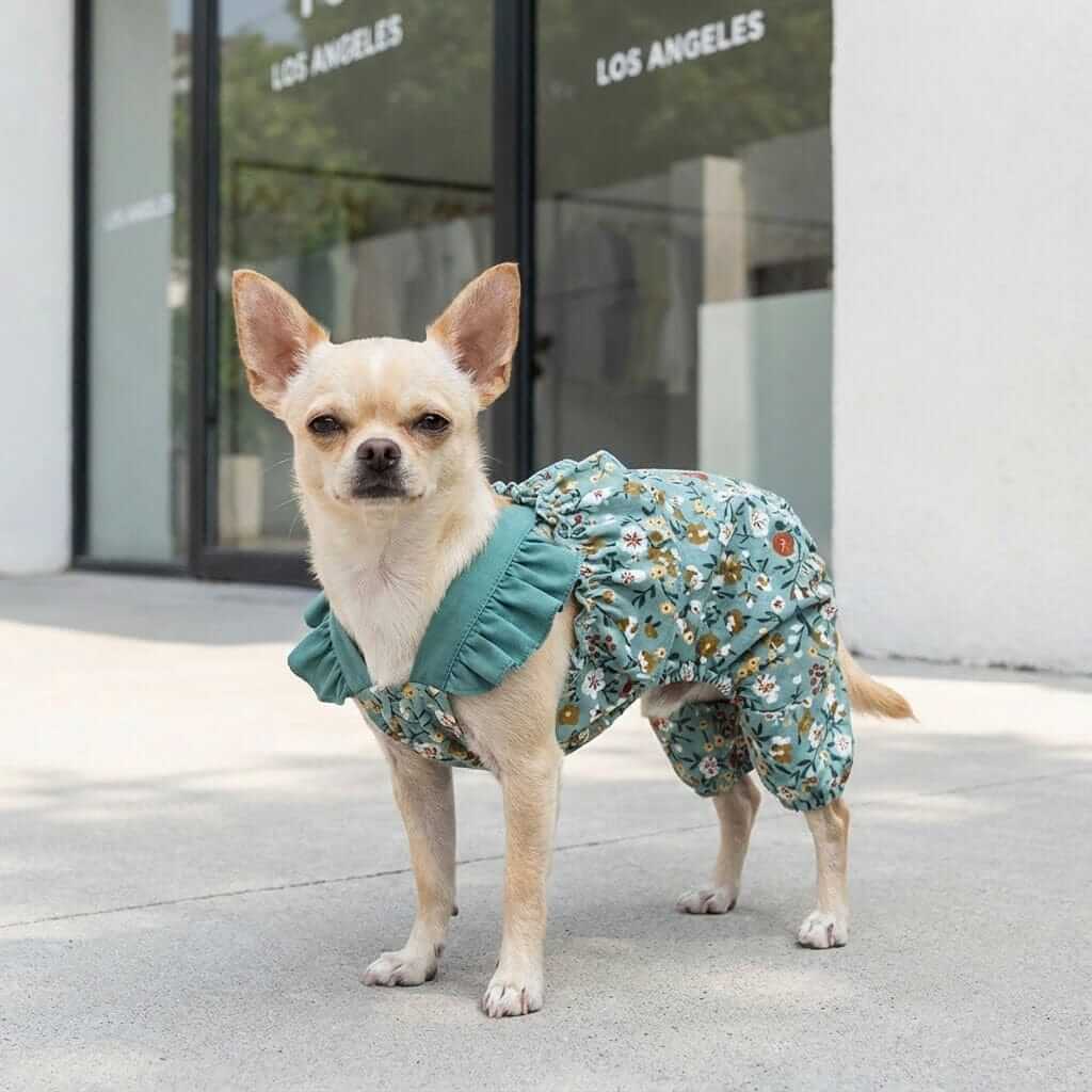 Floral Ways Dog Shirt on a Chihuahua, featuring breathable fabric and vibrant floral design. Perfect for dogs & cats.