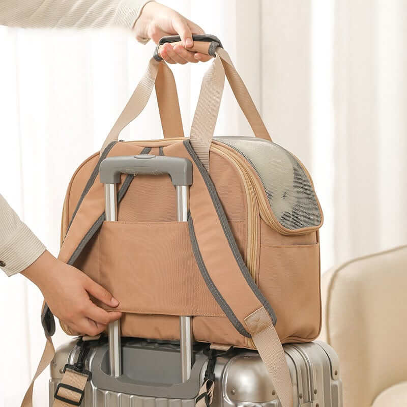 Foldable Pet Travel Backpack for dogs & cats with breathable mesh, convenient for travel on luggage.