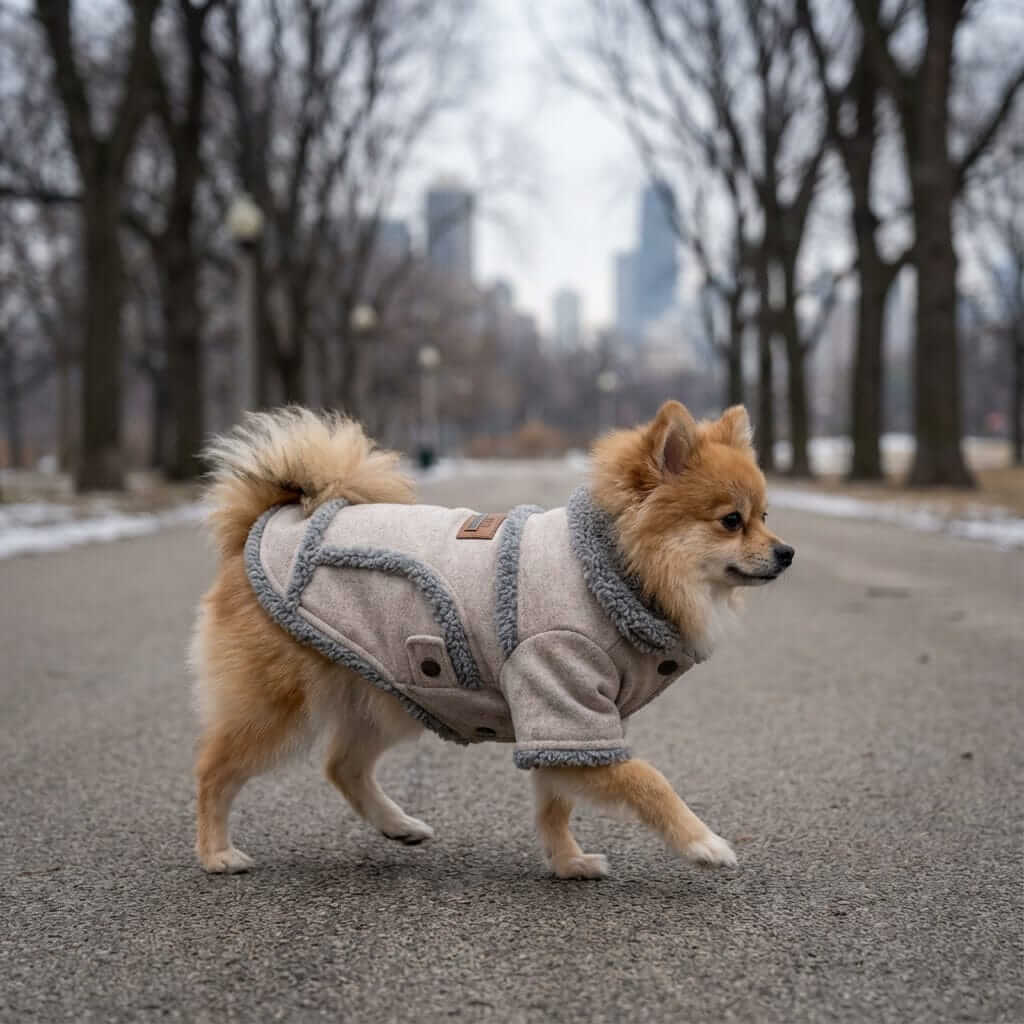 French Bulldog Thick Warm Dog Jacket on a stylish Pomsky walking outdoors in winter weather.