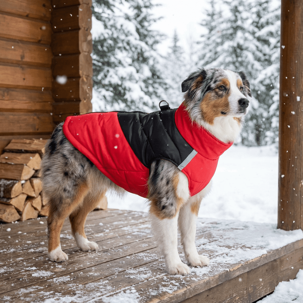 FrostGuard Pet Winter Vest on a dog in the snow, featuring waterproof exterior and cozy inner lining.