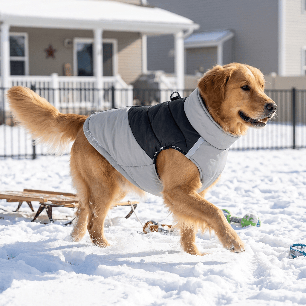 FrostGuard Pet Winter Vest keeps dogs warm and dry, featuring a waterproof exterior, perfect for winter activities.
