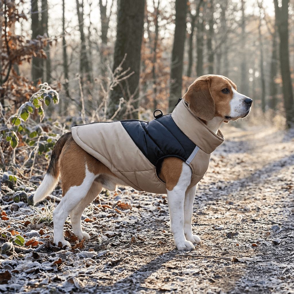 FrostGuard Pet Winter Vest on a Beagle, waterproof, cozy, perfect for winter walks, Dogs & Cats brand.