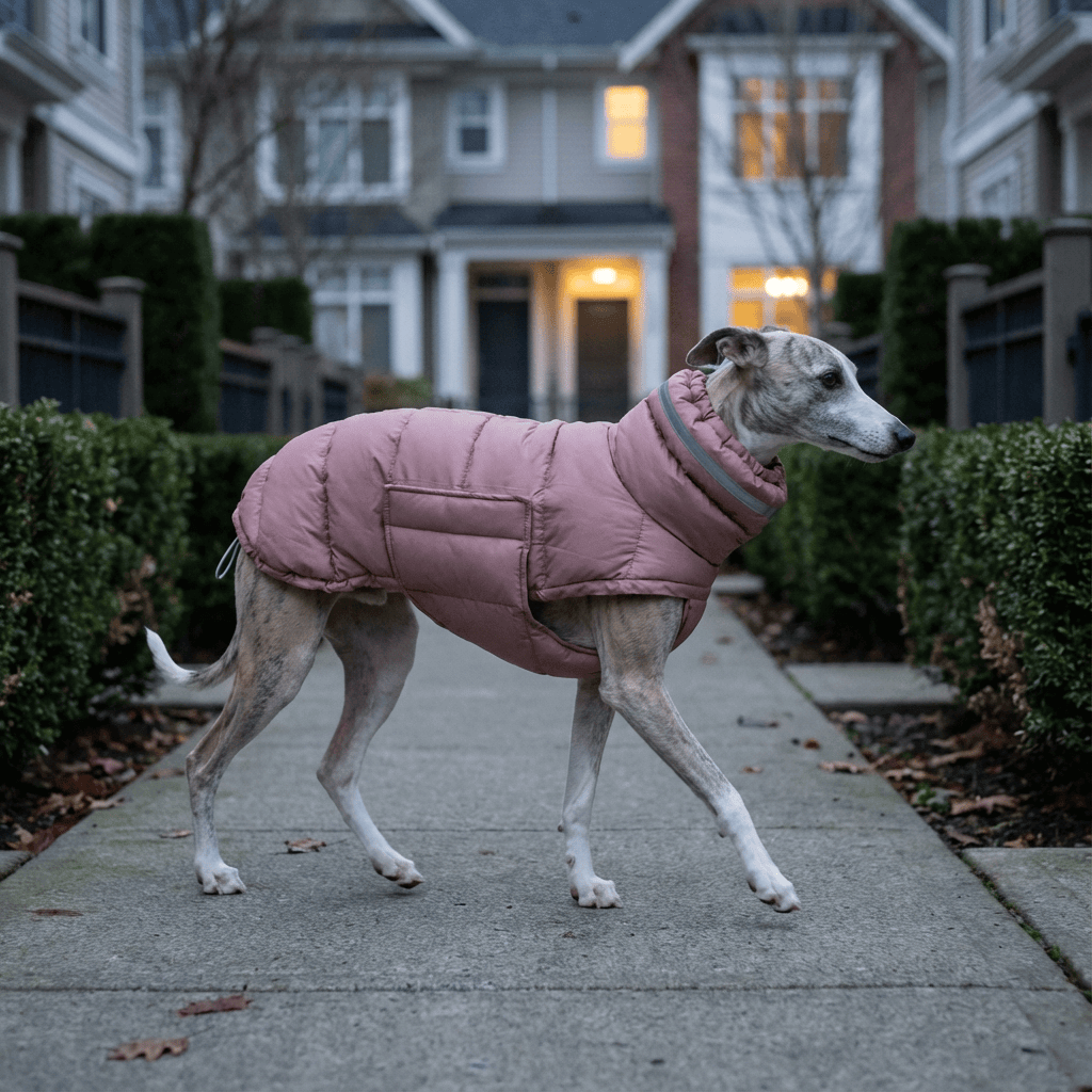 FrostGuard Reflective Dog Jacket on a dog walking down a residential path, featuring waterproof padding and reflective strips.