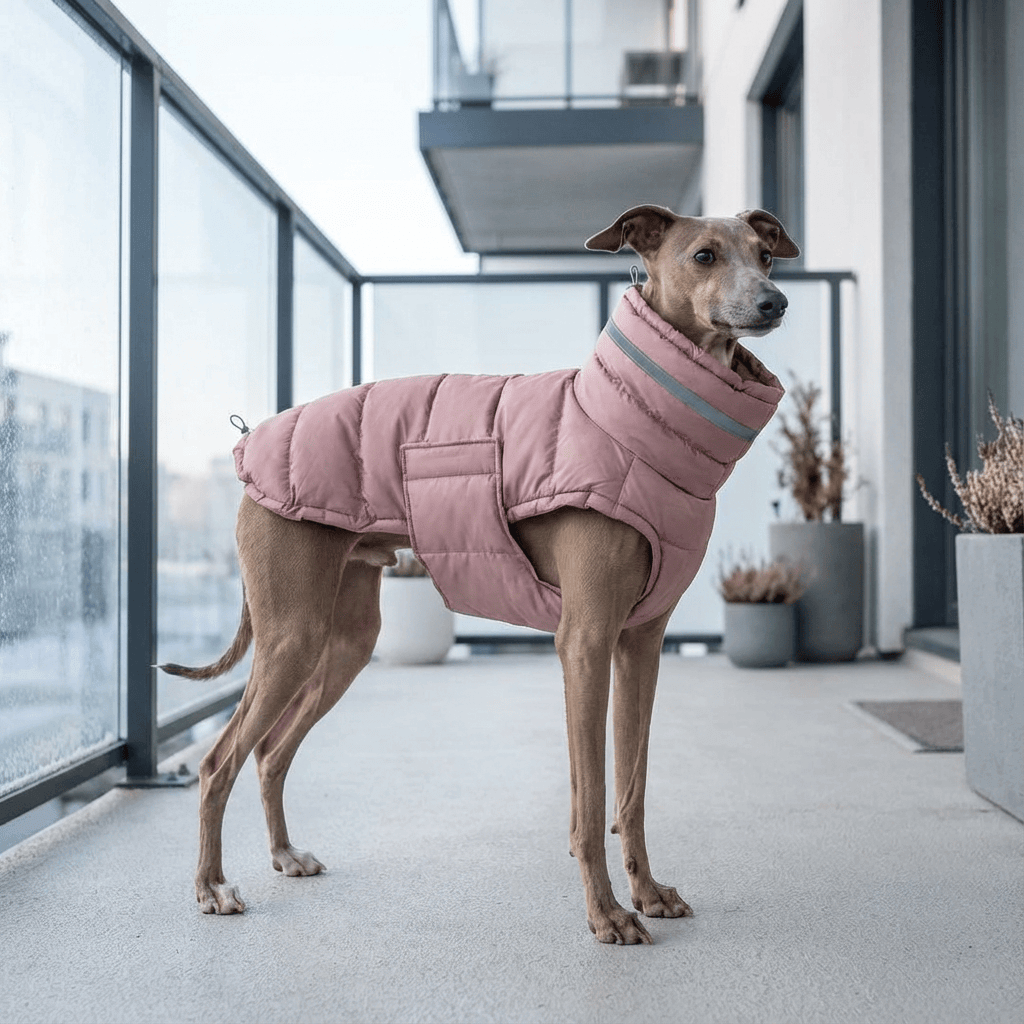 FrostGuard Reflective Dog Jacket on a greyhound, waterproof and padded, featuring safety reflective strips, Dogs & Cats.