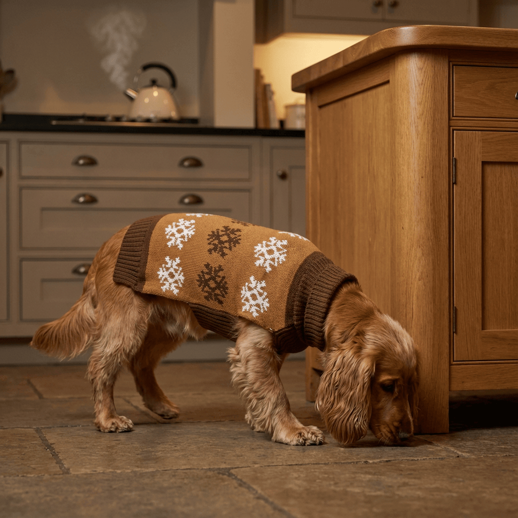 Frosty Paws Dog Sweater on a playful dog with a snowflake pattern in a cozy kitchen setting.