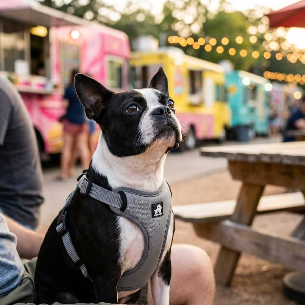 Full Adjustable Dog Harness on a Boston Terrier enjoying food trucks, featuring breathable material and adjustable fit.