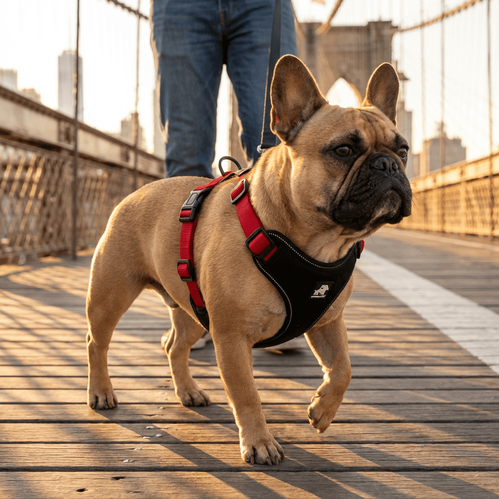 Full Adjustable Dog Harness on a French Bulldog walking across a bridge, featuring breathable material, adjustable fastener, and easy step-in design.