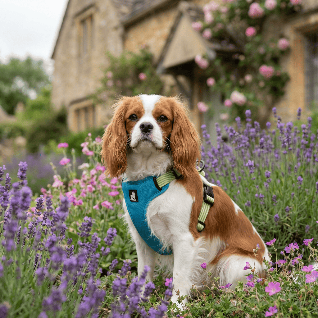 Full Adjustable Dog Harness on a Cavalier King Charles Spaniel in a flower field, featuring breathable material and easy step-in design.