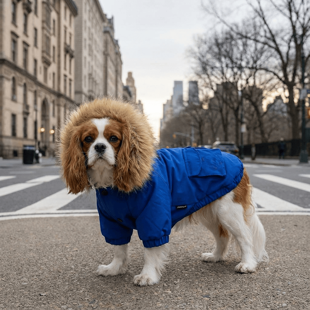 A stylish dog wearing a Fur Hooded Mink Coat, perfect for keeping warm during walks. Brand: Dogs & Cats.