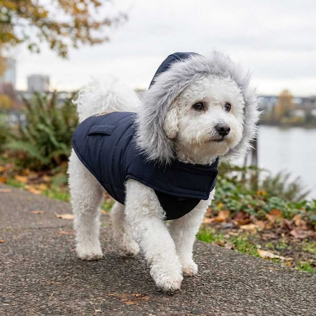 Fur Trim Hood Padded Coat for dogs, featuring a breathable faux fur trim hood, lightweight design, perfect for stylish pets.