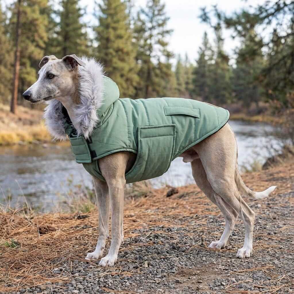 Fur Trim Hood Padded Coat on a stylish dog by Dogs & Cats, featuring breathable faux fur trim hood and lightweight design.