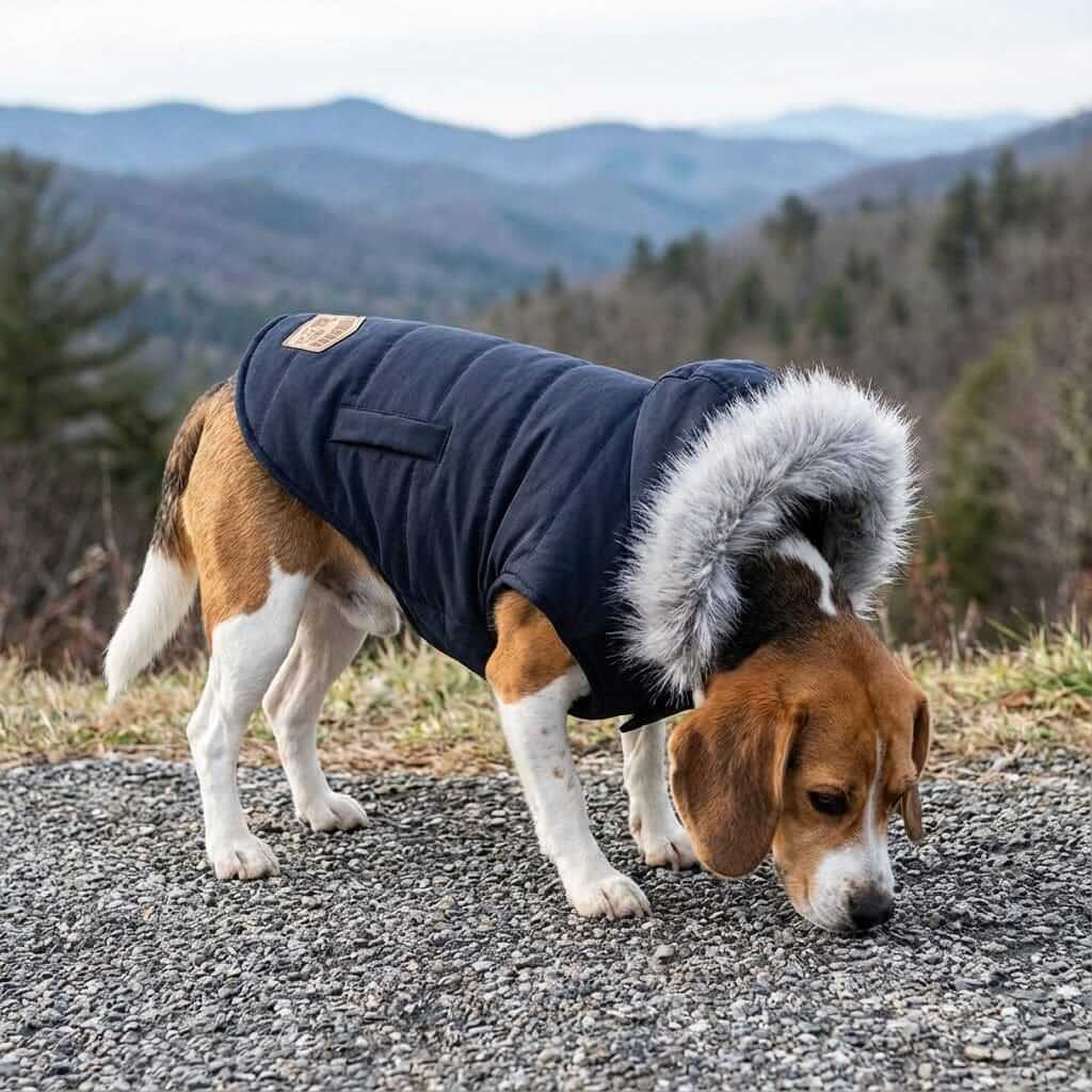 Fur Trim Hood Padded Coat on a beagle, featuring faux fur trim hood, lightweight, cozy design for dogs by Dogs & Cats brand.