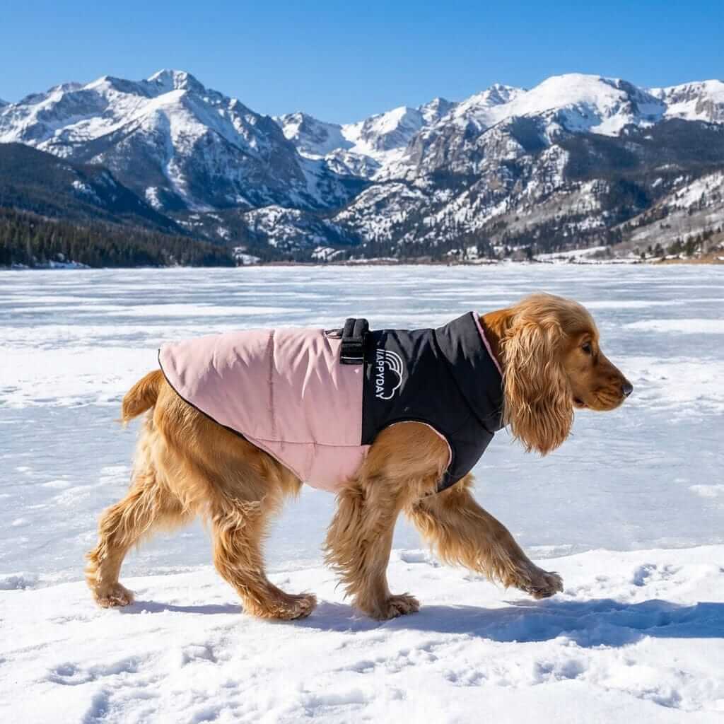 Furr-eedom Padded Dog Winter Coat on golden retriever walking in snow with mountains, featuring breathable fabric and lightweight design.