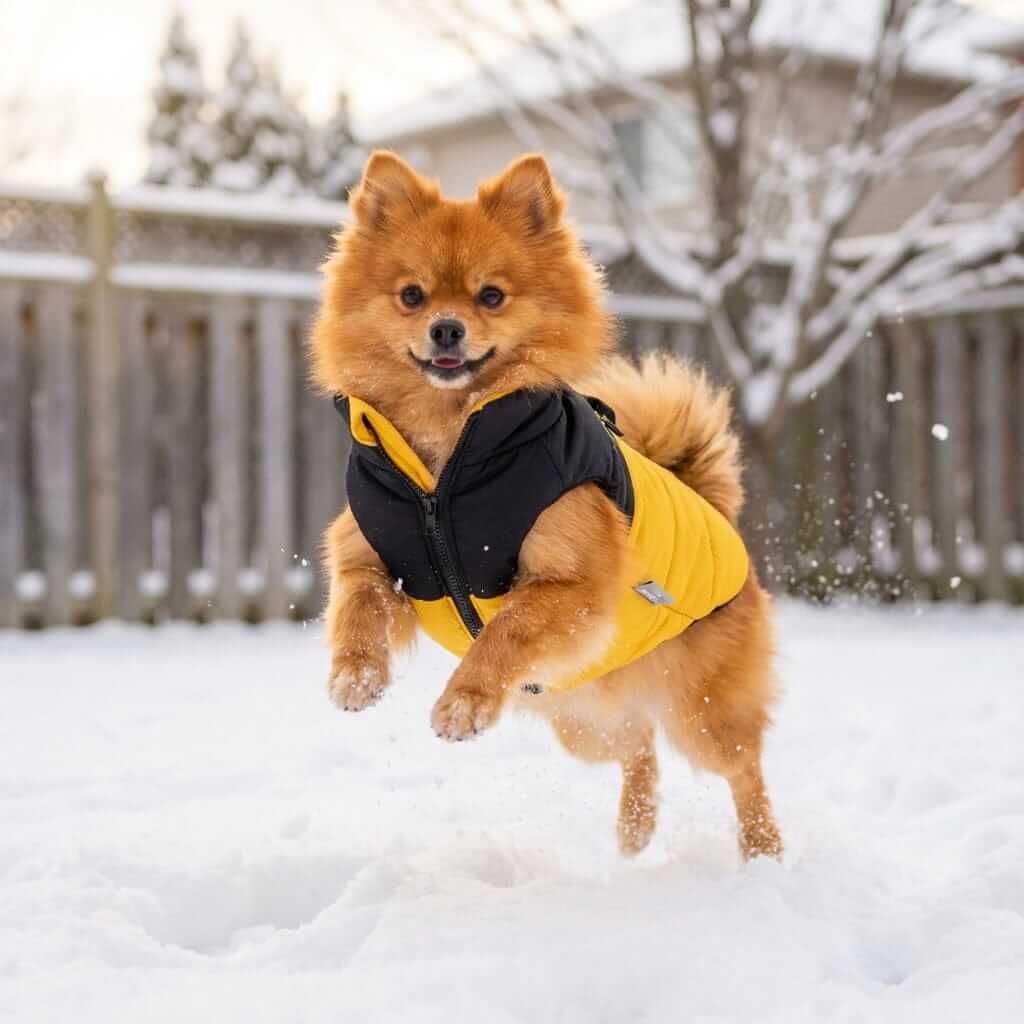Furr-eedom Padded Dog Winter Coat on a playful dog in snow, featuring breathable fabric and lightweight design.