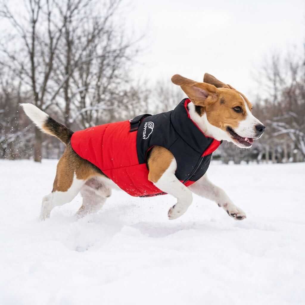 Furr-eedom Padded Dog Winter Coat on a happy dog running in snow, featuring breathable fabric and lightweight design.