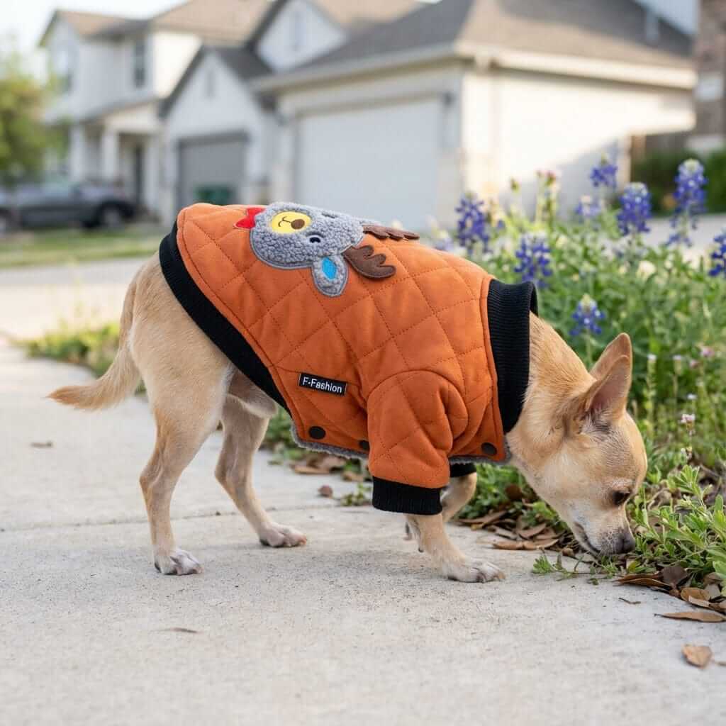 Furry Dog Winter Padded Jacket on a small dog, featuring breathable cotton, long sleeves, and fashionable design.