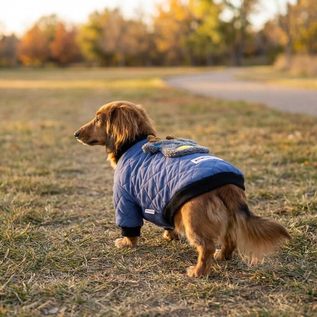 Furry Dog Winter Padded Jacket on a dog in a grassy park, showcasing breathable cotton and lightweight feel.