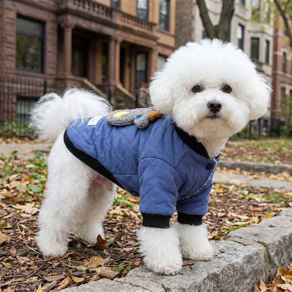 Furry Dog Winter Padded Jacket on a fluffy white dog, featuring breathable cotton material and lightweight design for comfort.