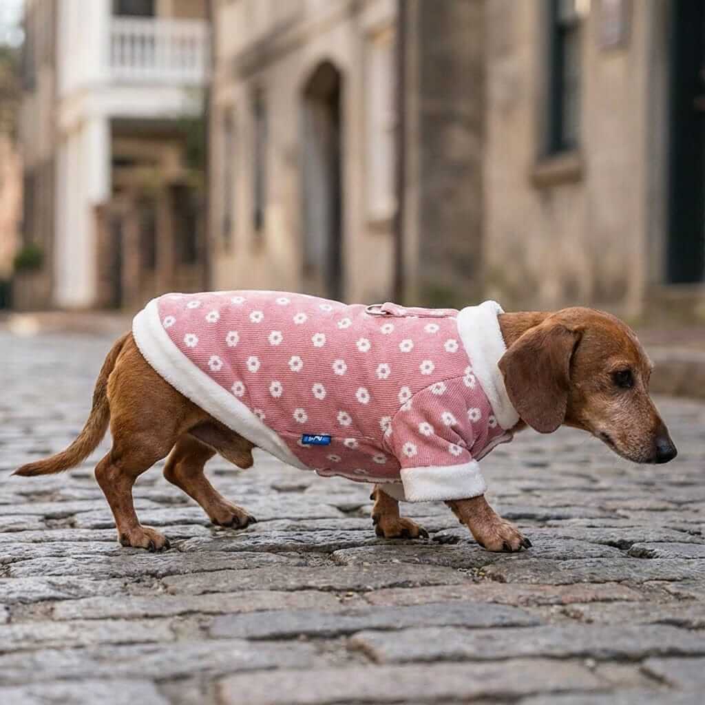 Furry Fiesta Corduroy Winter Dog Coat on a dachshund, featuring soft fabric, lightweight feel, and easy on-off design.