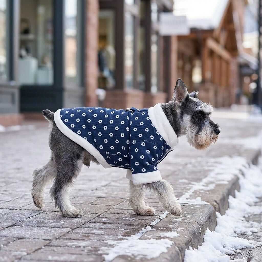 Furry Fiesta Corduroy Winter Dog Coat on a dog, featuring breathable fabric and easy wear, perfect for winter style, Dogs & Cats.