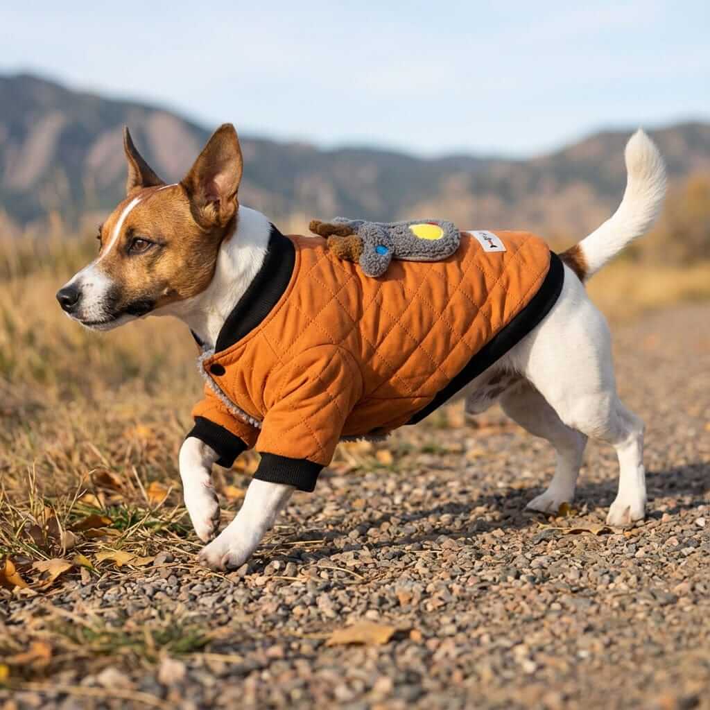 Furry Dog Winter Padded Jacket on a dog, featuring breathable cotton, lightweight design and stylish padded pattern.