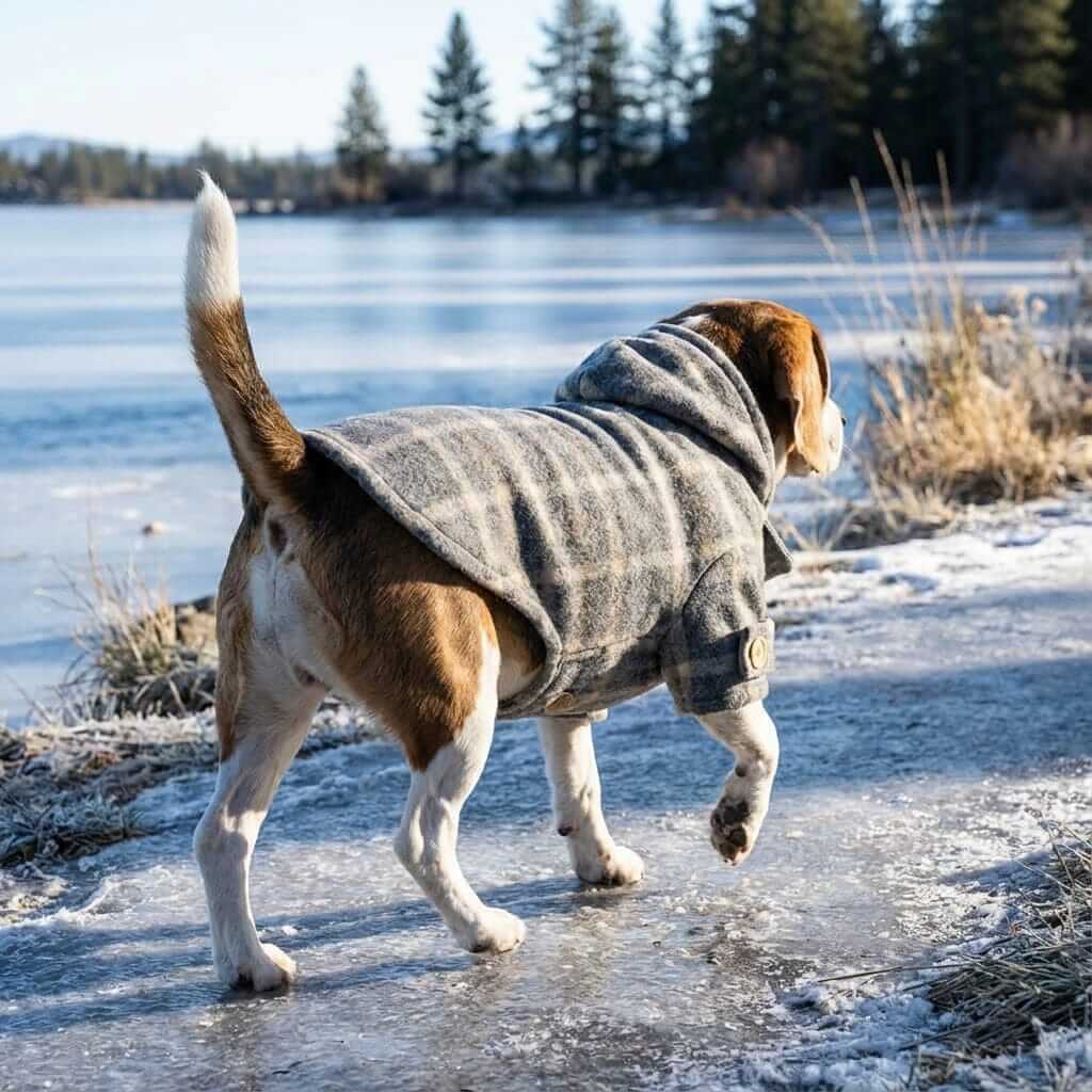 Furtastic Hooded Plaid Dog Coat on a Beagle by the water, showcasing lightweight, breathable fabric and comfort for dogs.