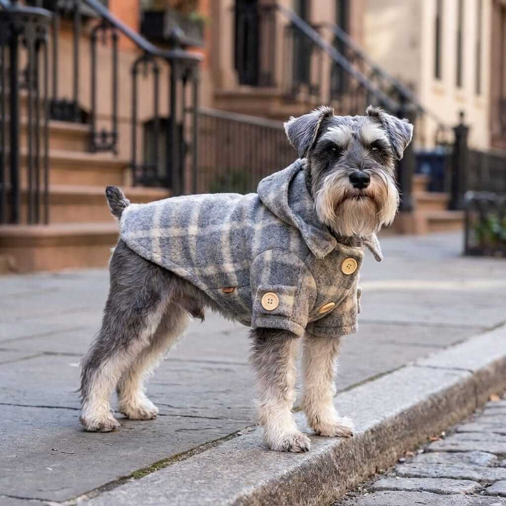 Furtastic Hooded Plaid Dog Coat on a Schnauzer in a city setting, featuring soft fabric, cute buttons, and a cozy design.